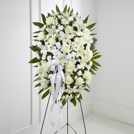 Exquisite Tribute Standing Spray-White Ribbon –  Diamond Flower Shop, Reading PA