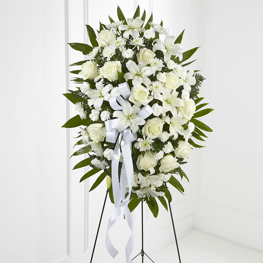 Exquisite Tribute Standing Spray-White Ribbon –  Diamond Flower Shop, Reading PA