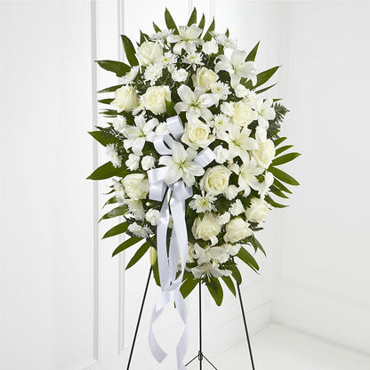 Exquisite Tribute Standing Spray-White Ribbon –  Diamond Flower Shop, Reading PA